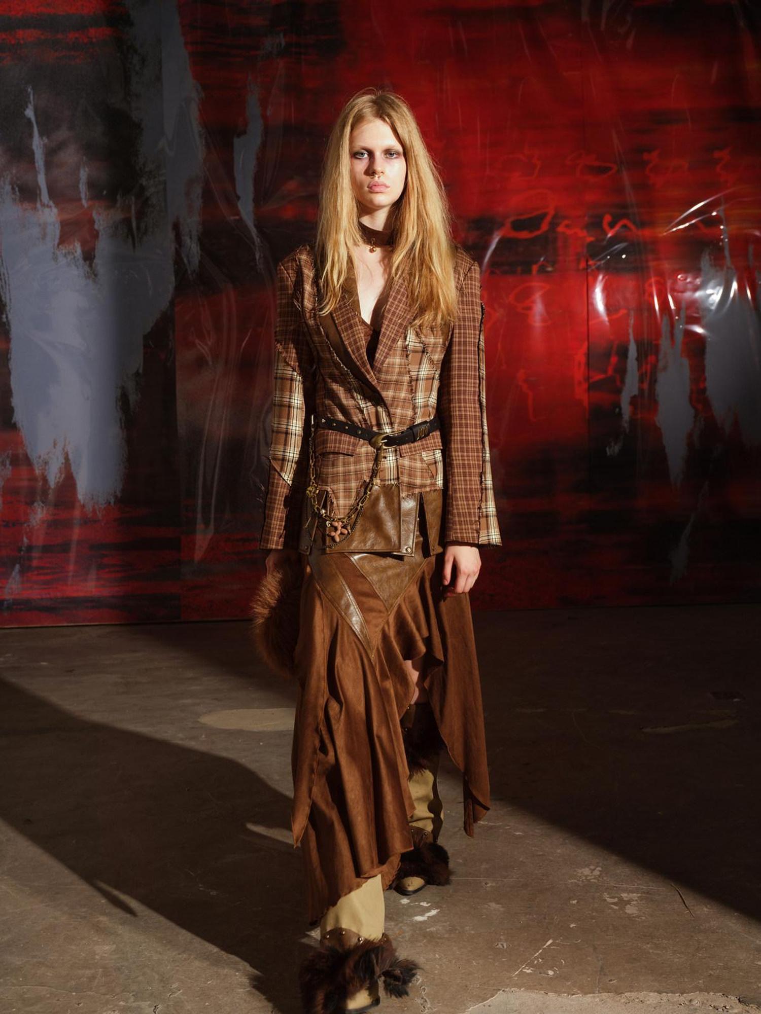 NORTH NODE Coffee Plaid Patchwork Padded Shoulders Women&