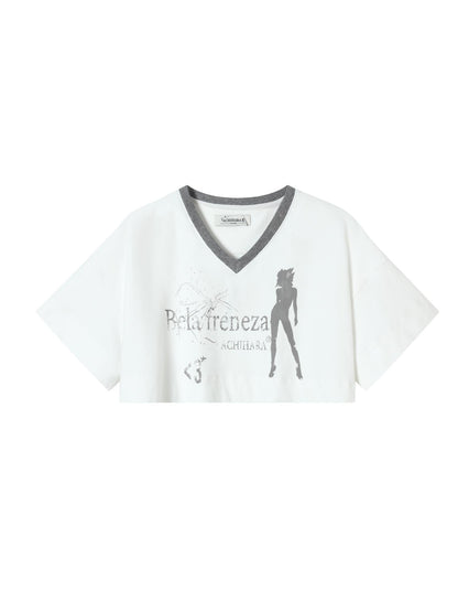 Achihara Summer V-Neck Puff Short Sleeve Tee - Loose Fit Cotton Blend Top