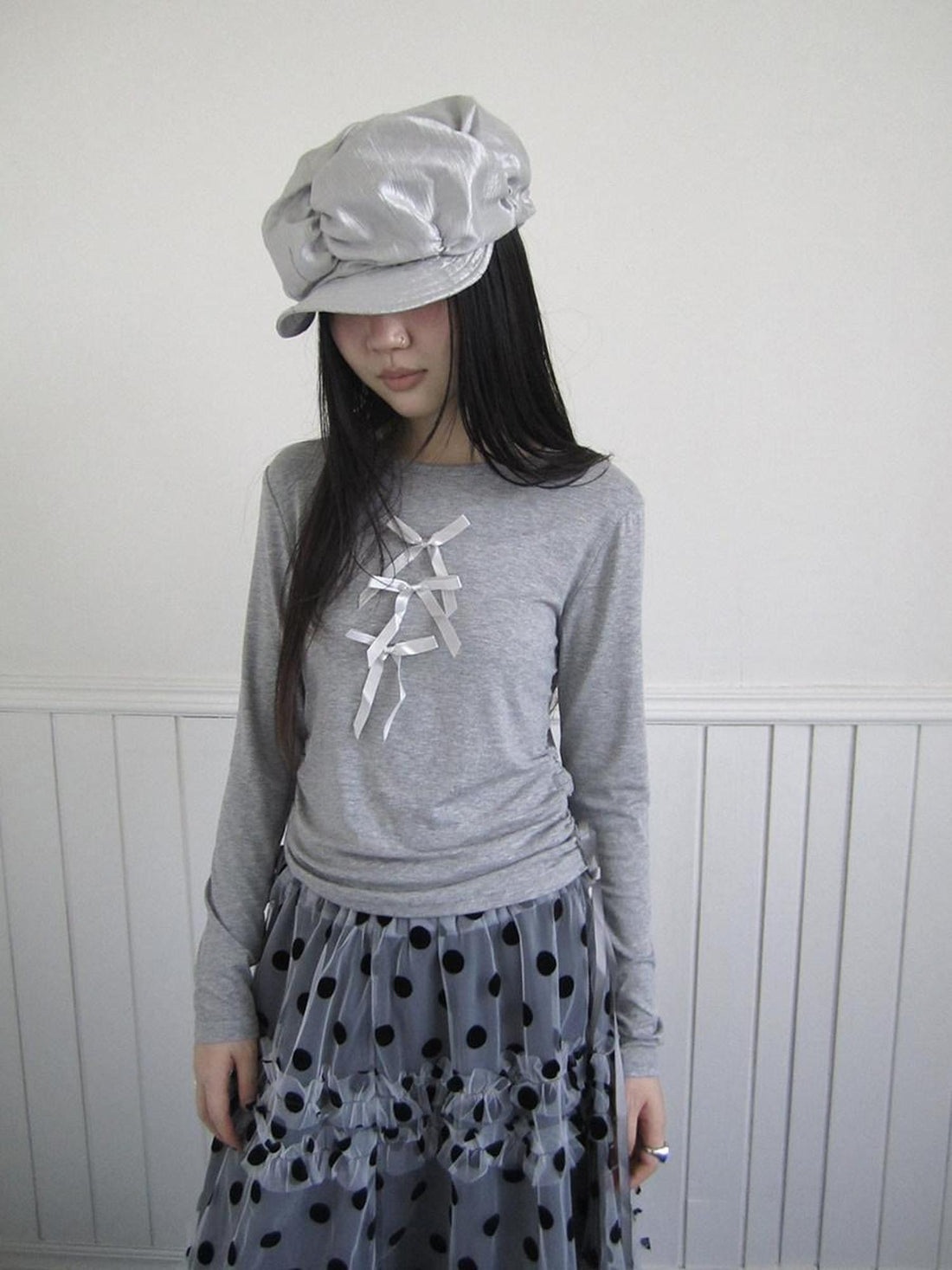 ang project 3D Cut Slim Fit Korean Bow Long Sleeve Women Crewneck White Gray T-Shirt