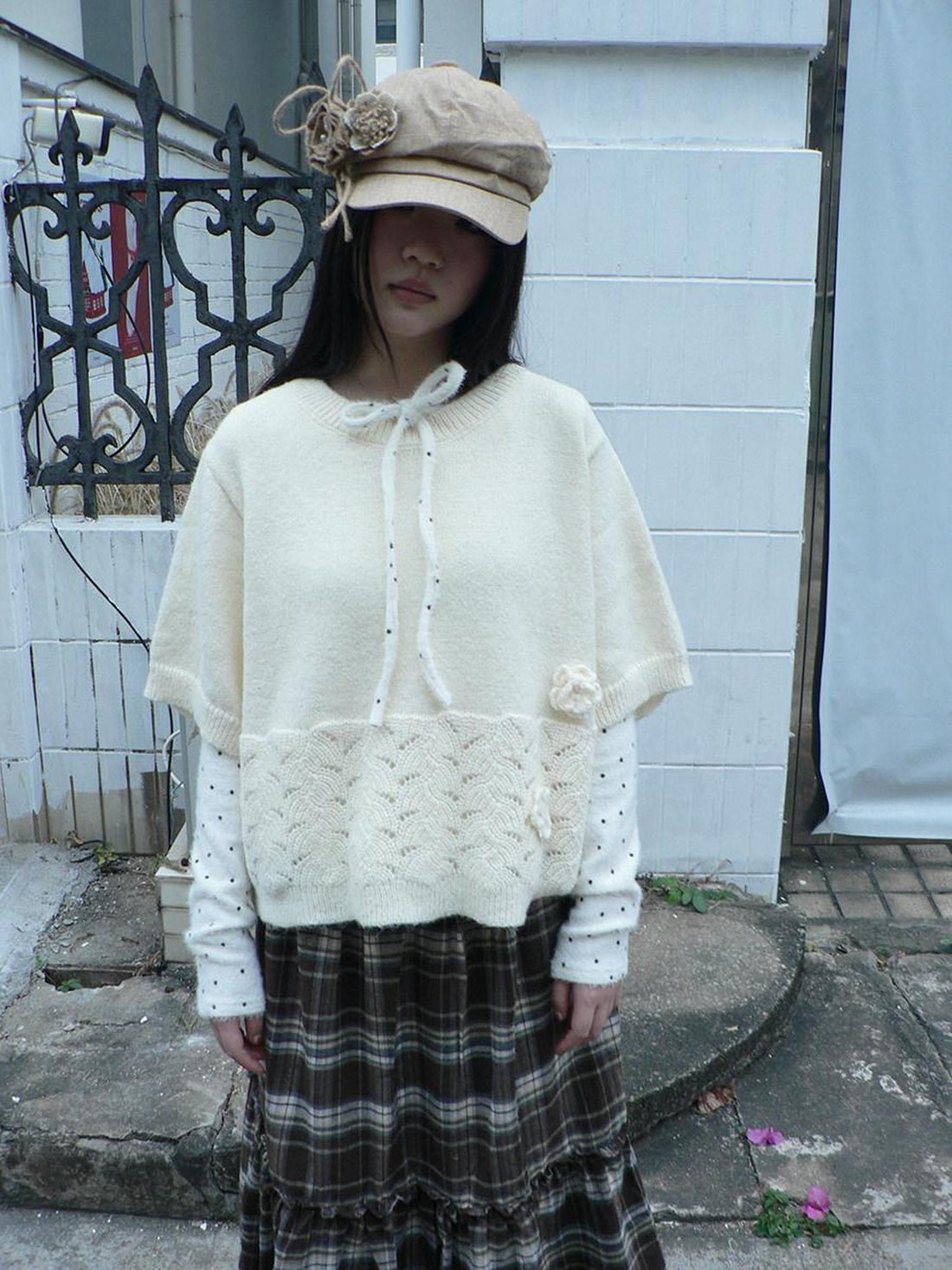 ang project 3D Hollowout Vintage Loose Fit Crewneck Floral Women One Size Beige T-Shirt