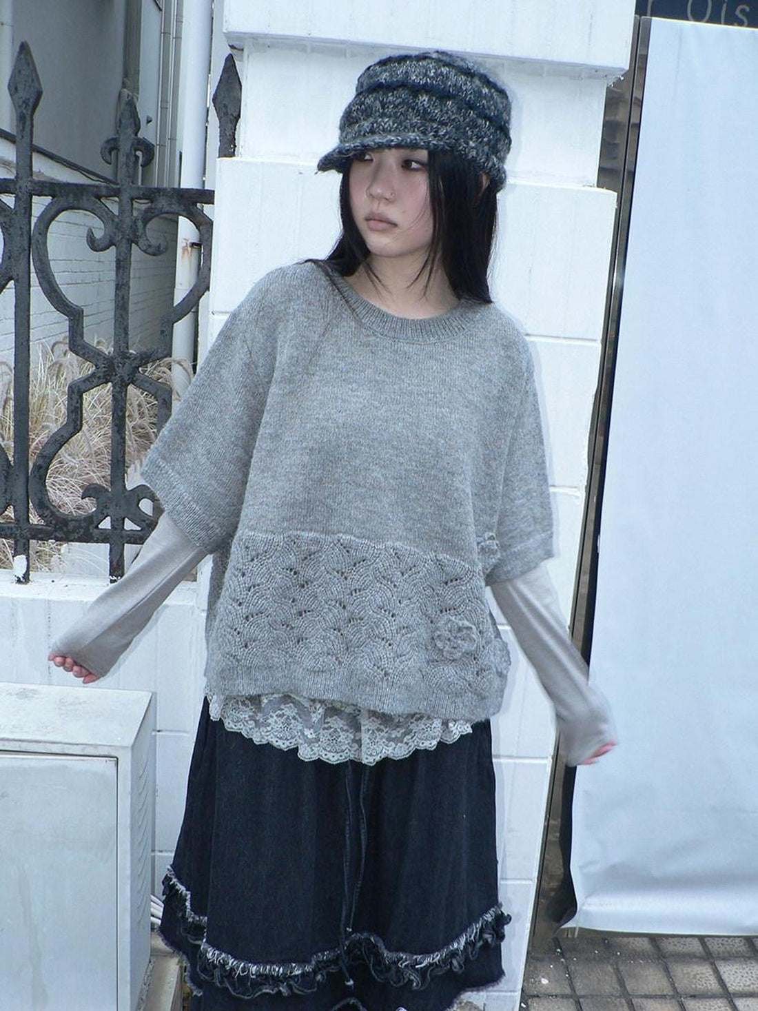 ang project 3D Hollowout Vintage Loose Fit Crewneck Floral Women One Size Beige T-Shirt