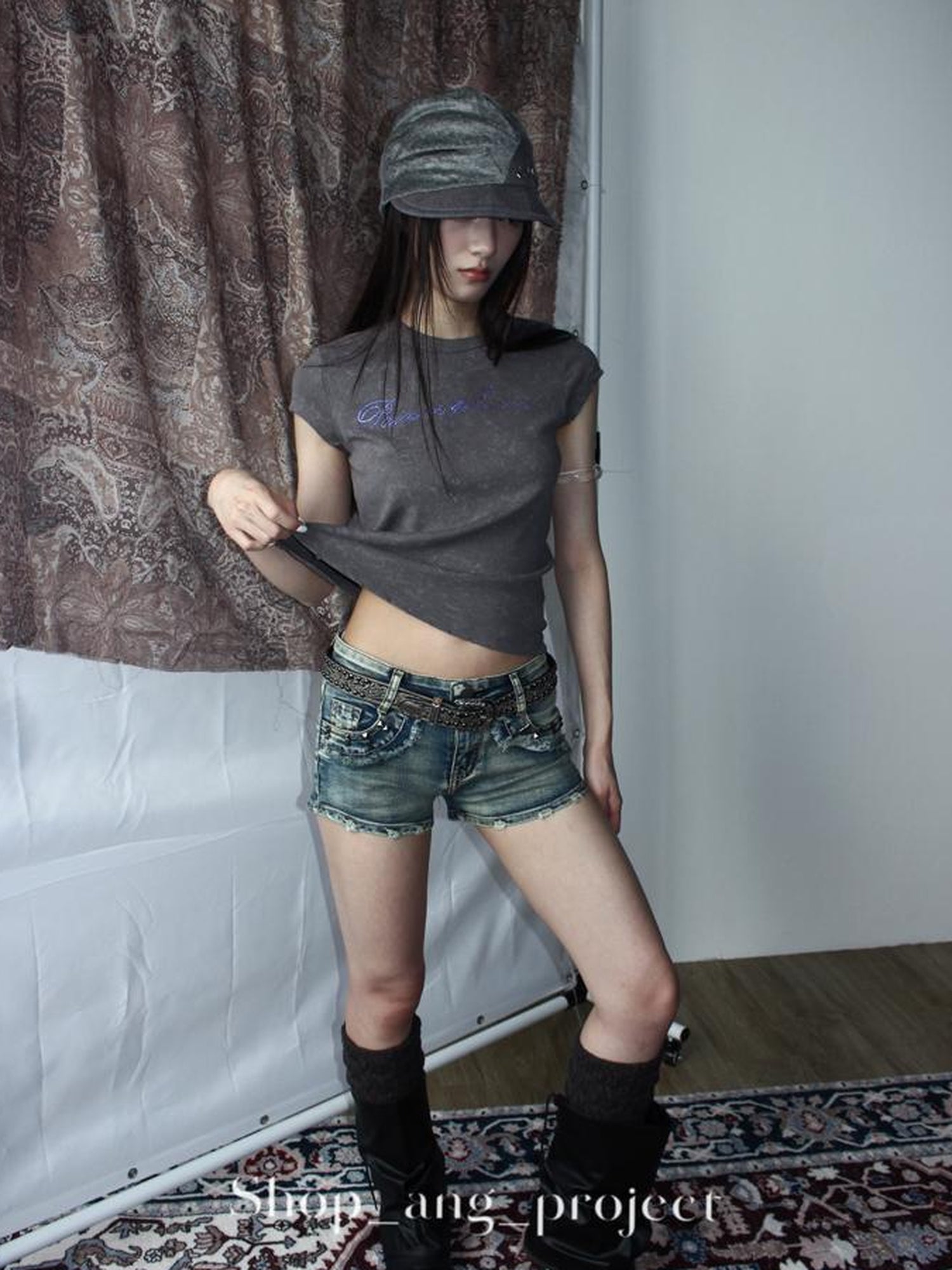ang project Antique Y2K Embossed Silver Gray Studded Belt