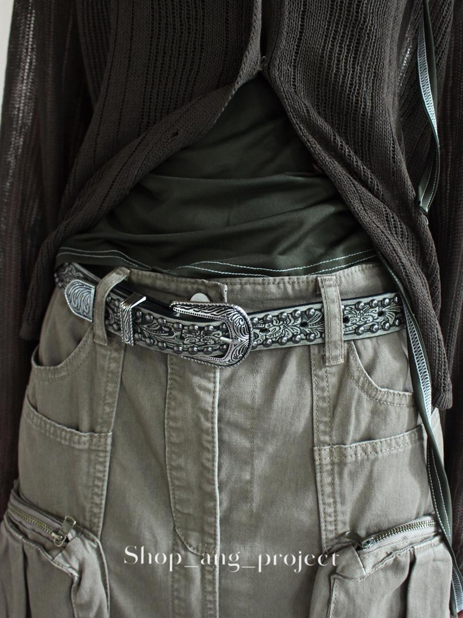 ang project Antique Y2K Embossed Silver Gray Studded Belt
