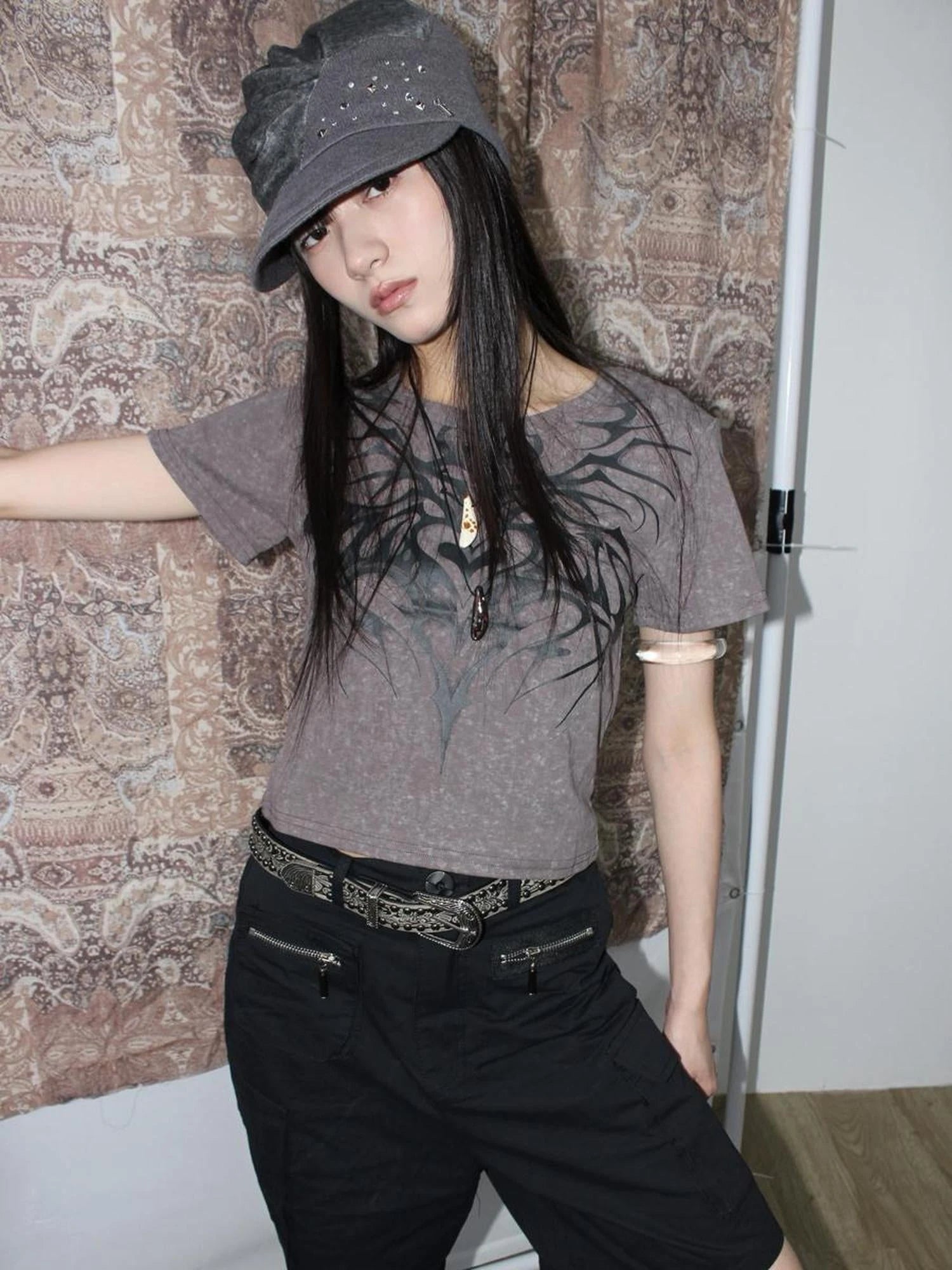 Antique Y2K Embossed Silver Gray Studded Belt