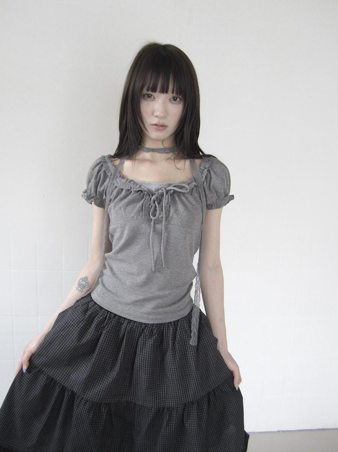 ang project Apricot Gray Puff Sleeve Ruffle Tie Square Neck Cropped Women&