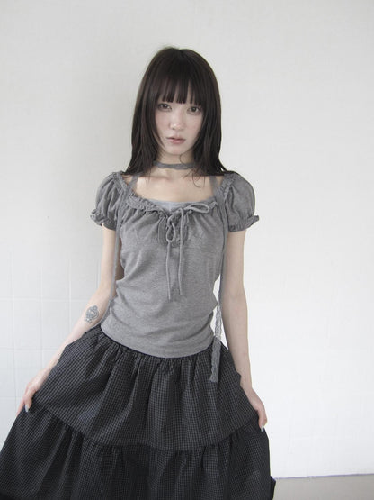 ang project Apricot Gray Puff Sleeve Ruffle Tie Square Neck Cropped Women&