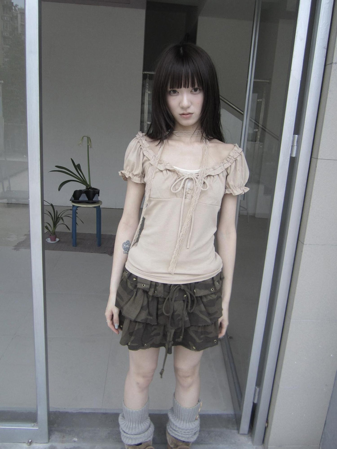 ang project Apricot Gray Puff Sleeve Ruffle Tie Square Neck Cropped Women&