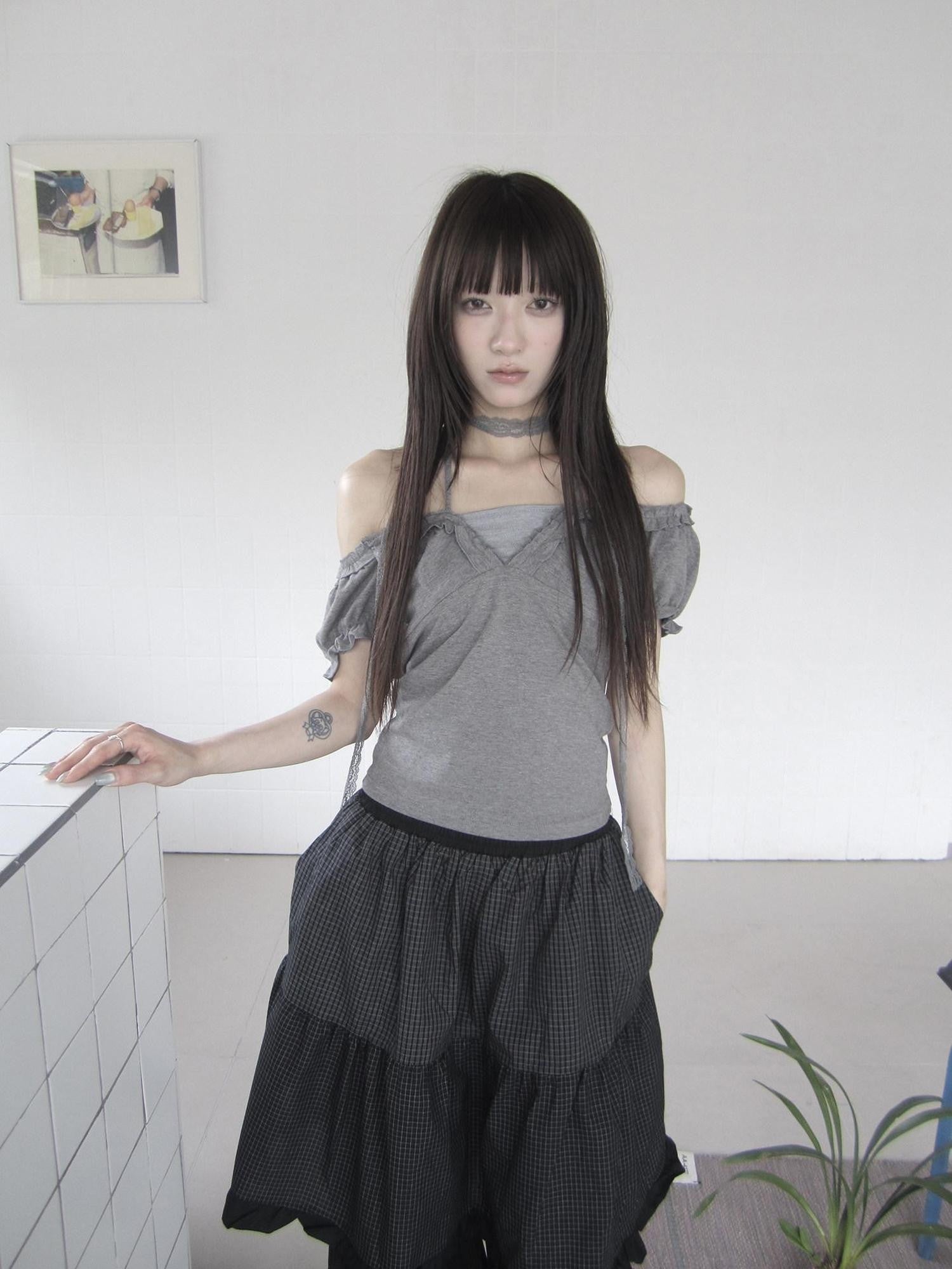 ang project Apricot Gray Puff Sleeve Ruffle Tie Square Neck Cropped Women&