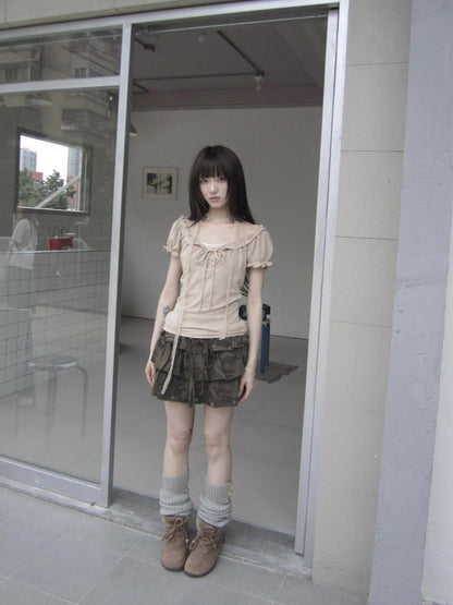 ang project Apricot Gray Puff Sleeve Ruffle Tie Square Neck Cropped Women&