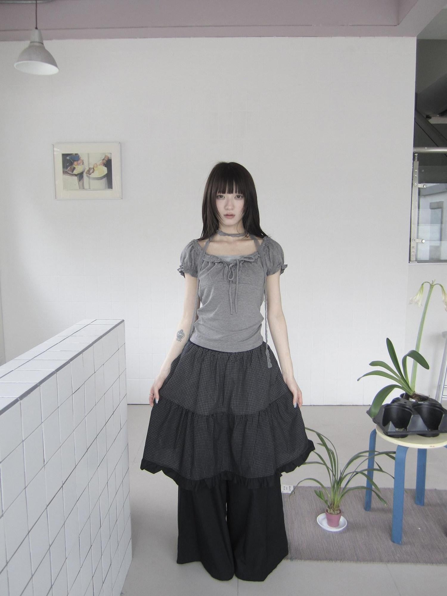 ang project Apricot Gray Puff Sleeve Ruffle Tie Square Neck Cropped Women&