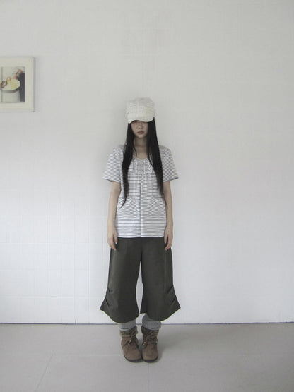 ang project Army Green Pressed Pleat Rivet Flared Wide Leg Women&
