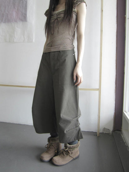 ang project Army Green Pressed Pleat Rivet Flared Wide Leg Women&