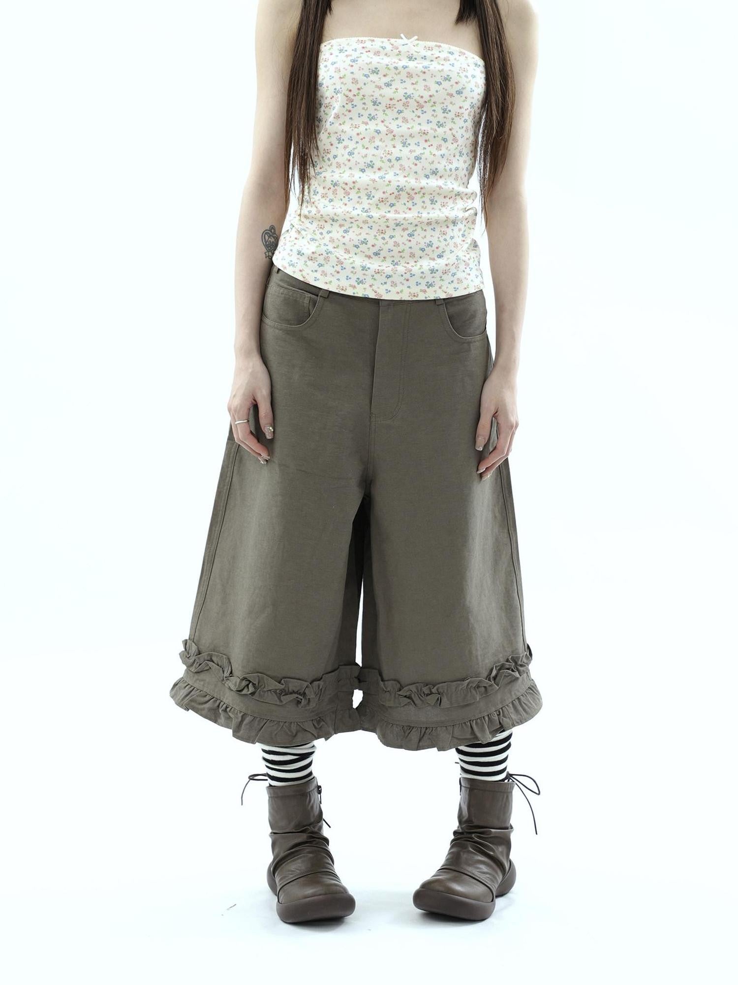 ang project Army Green Ruffle Trim Spliced Relaxed Wide Leg Women&