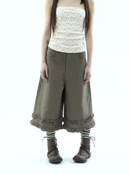 ang project Army Green Ruffle Trim Spliced Relaxed Wide Leg Women&