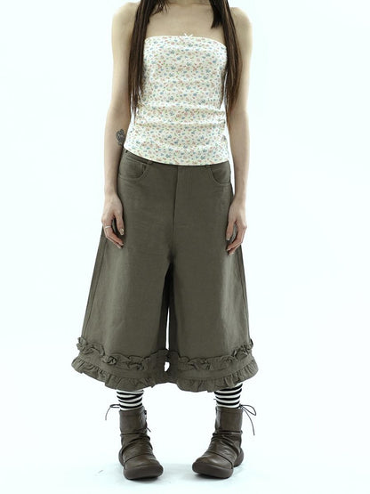 ang project Army Green Ruffle Trim Spliced Relaxed Wide Leg Women&