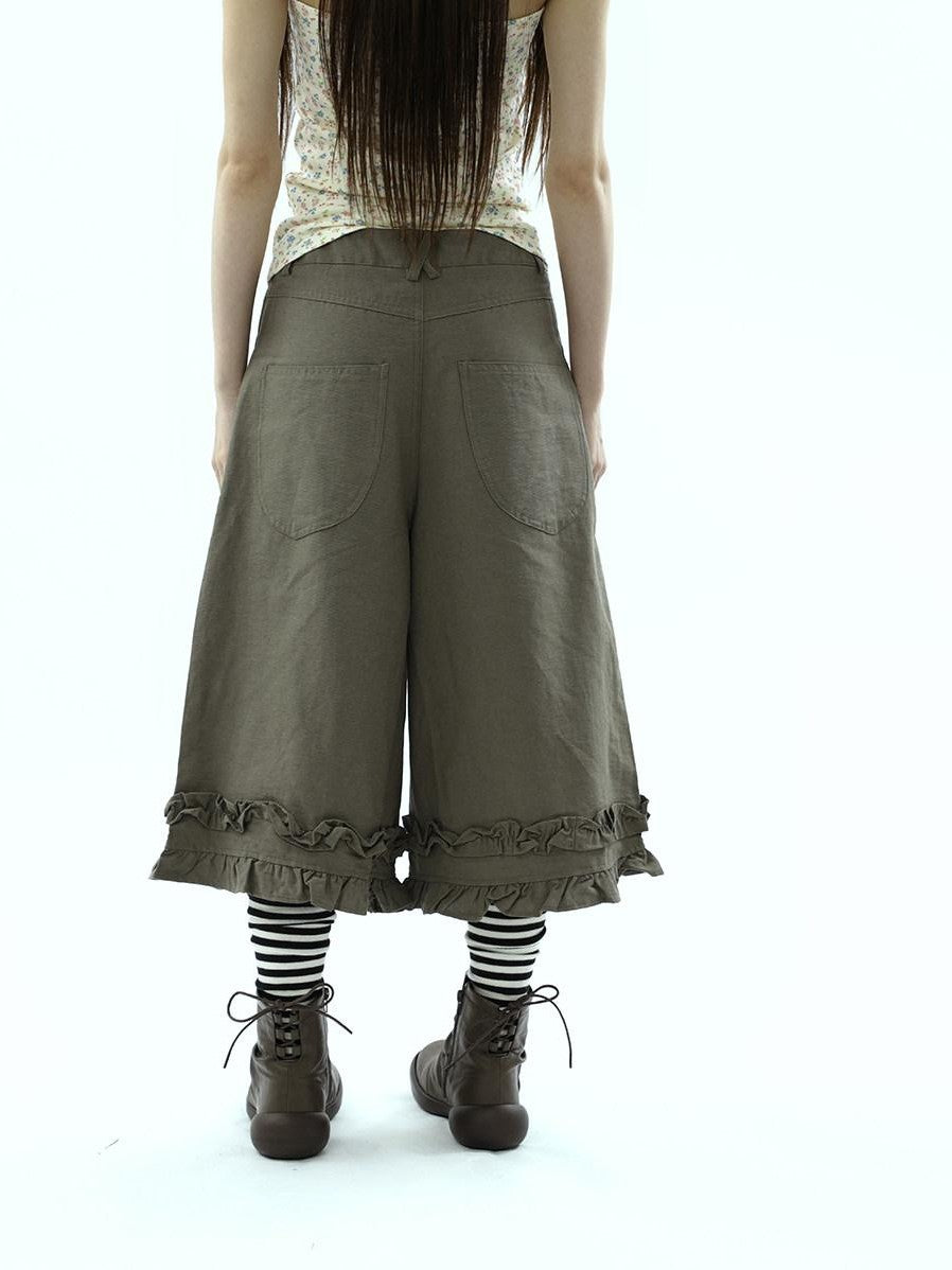 ang project Army Green Ruffle Trim Spliced Relaxed Wide Leg Women&