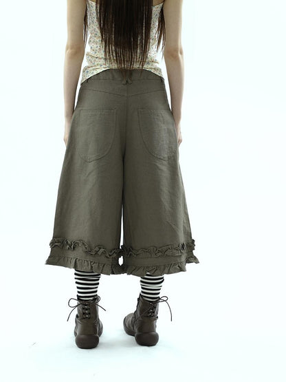 ang project Army Green Ruffle Trim Spliced Relaxed Wide Leg Women&