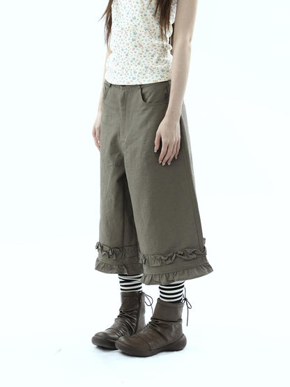 ang project Army Green Ruffle Trim Spliced Relaxed Wide Leg Women&