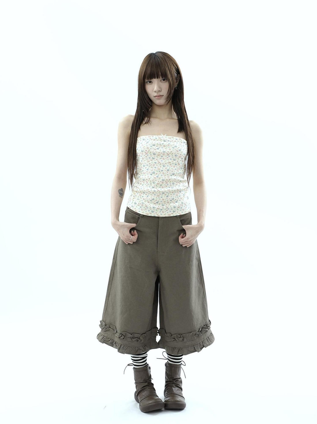 ang project Army Green Ruffle Trim Spliced Relaxed Wide Leg Women&
