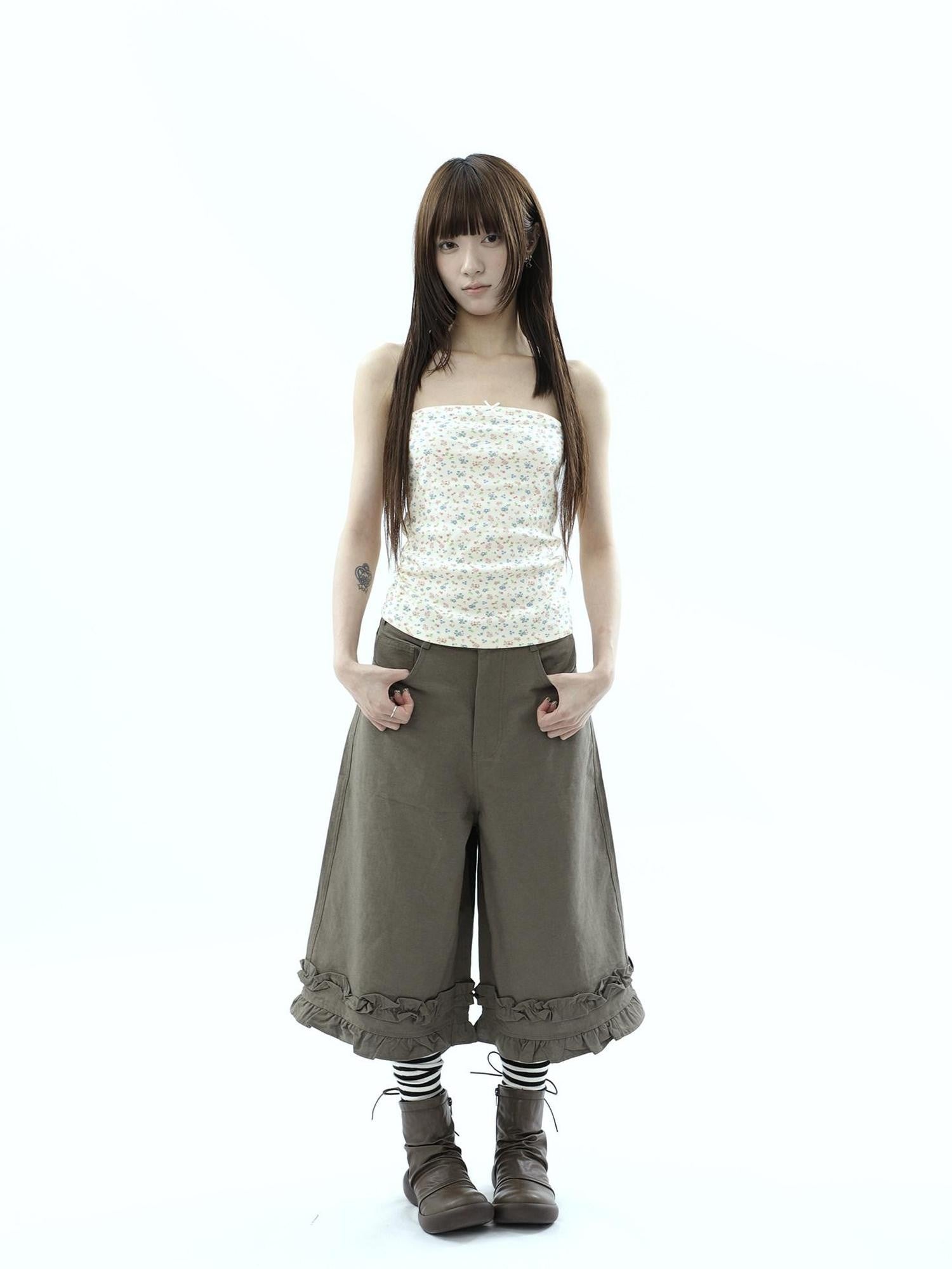 ang project Army Green Ruffle Trim Spliced Relaxed Wide Leg Women&