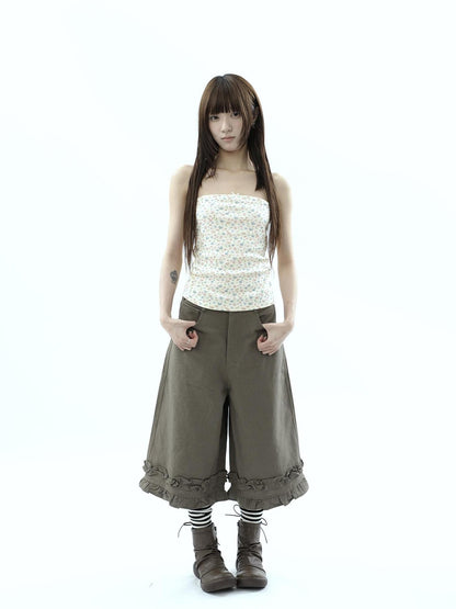 ang project Army Green Ruffle Trim Spliced Relaxed Wide Leg Women&