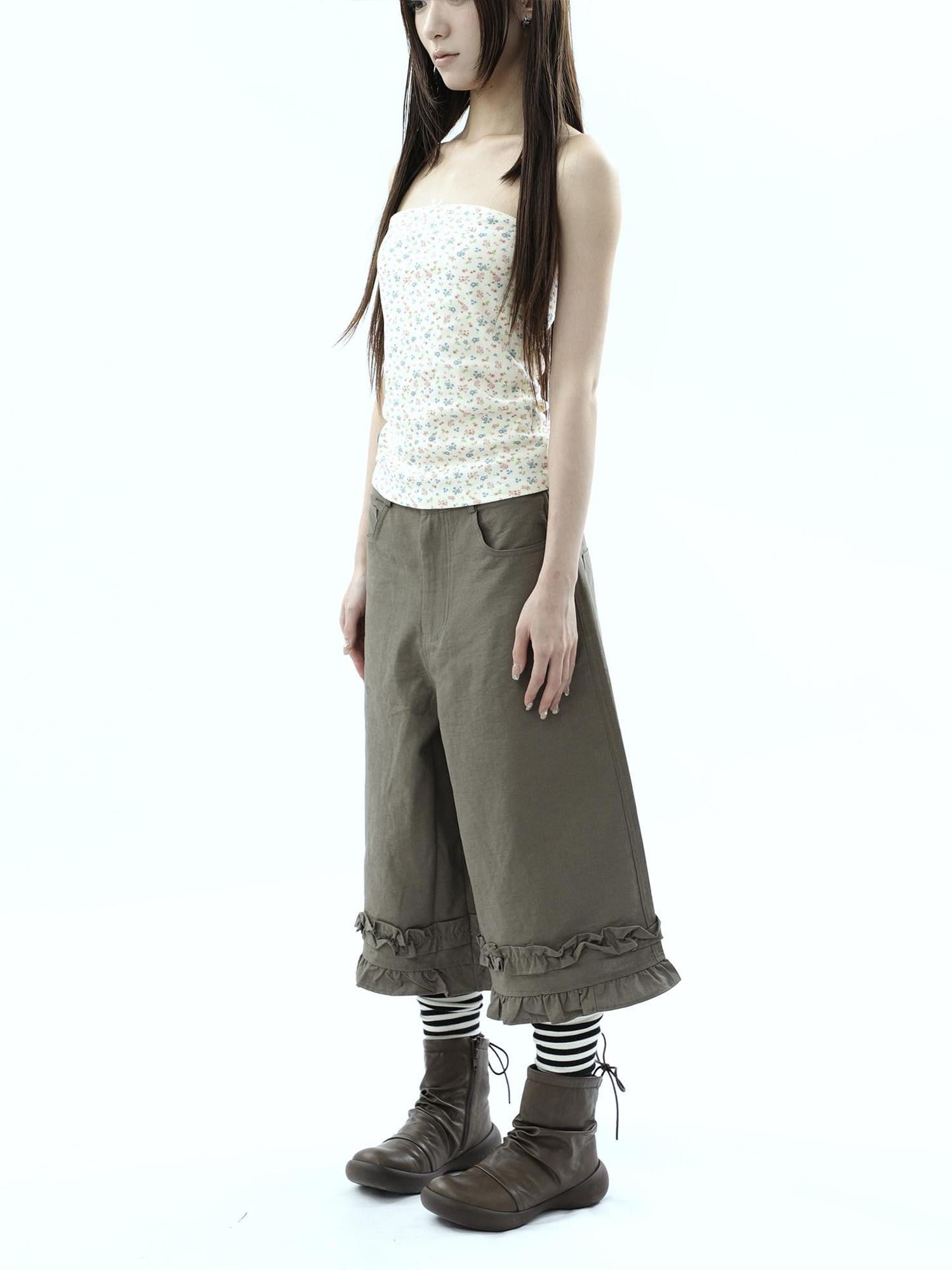 ang project Army Green Ruffle Trim Spliced Relaxed Wide Leg Women&