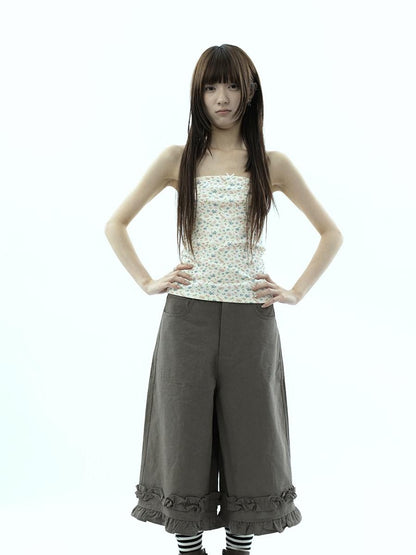 ang project Army Green Ruffle Trim Spliced Relaxed Wide Leg Women&