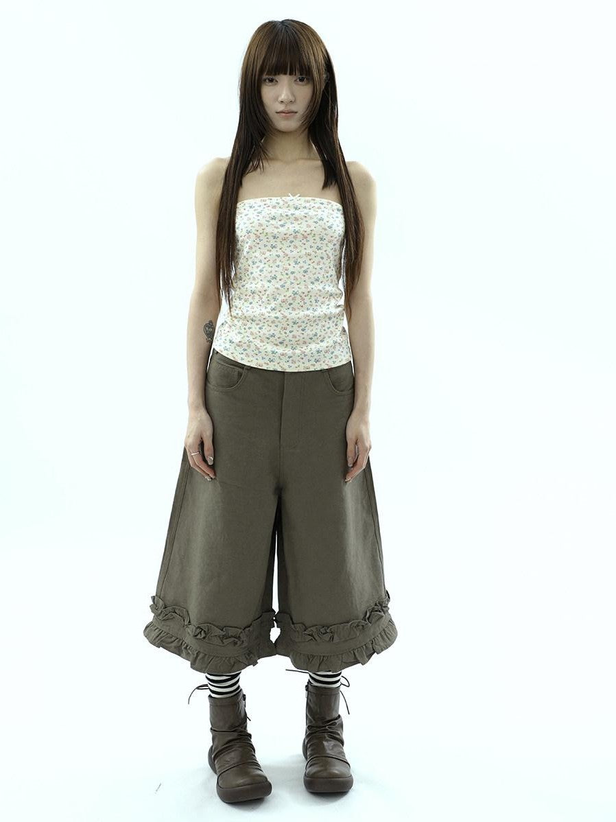 ang project Army Green Ruffle Trim Spliced Relaxed Wide Leg Women&