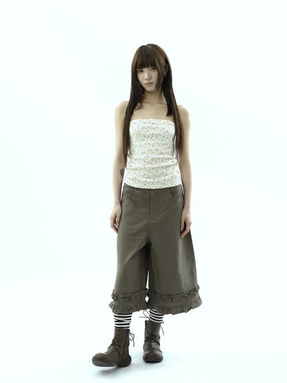 ang project Army Green Ruffle Trim Spliced Relaxed Wide Leg Women&