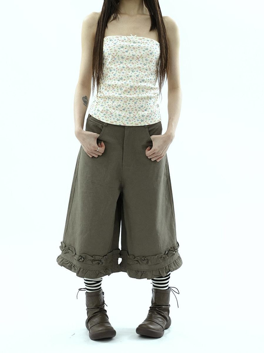 ang project Army Green Ruffle Trim Spliced Relaxed Wide Leg Women&