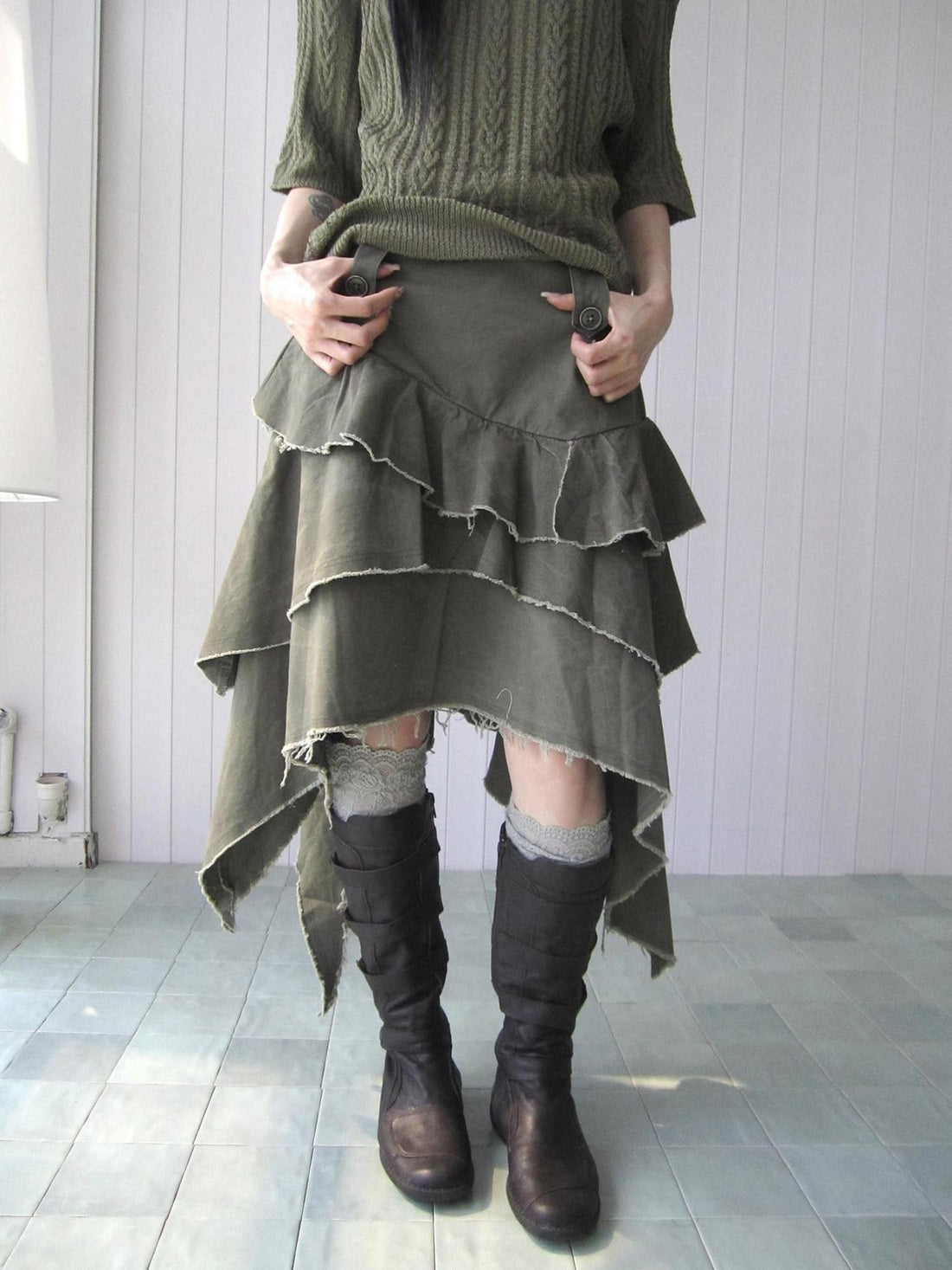 ang project Army Green Torn Edge Layered Asymmetrical High Waist Workwear Women&