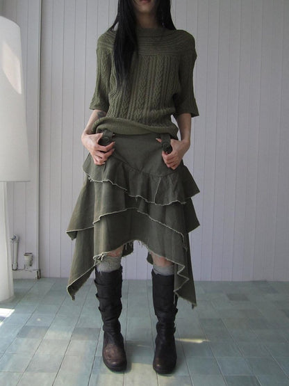 ang project Army Green Torn Edge Layered Asymmetrical High Waist Workwear Women&