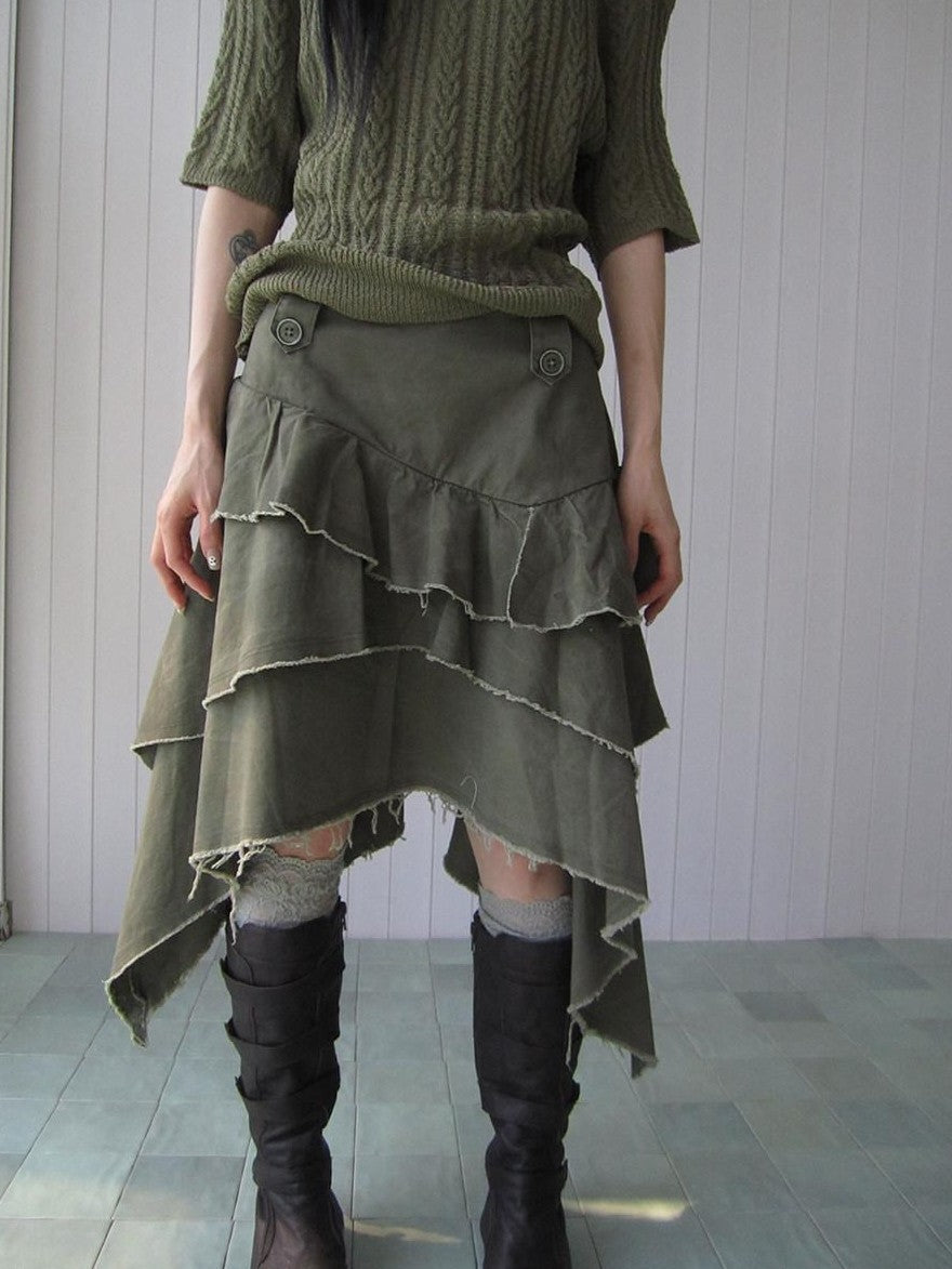 ang project Army Green Torn Edge Layered Asymmetrical High Waist Workwear Women&