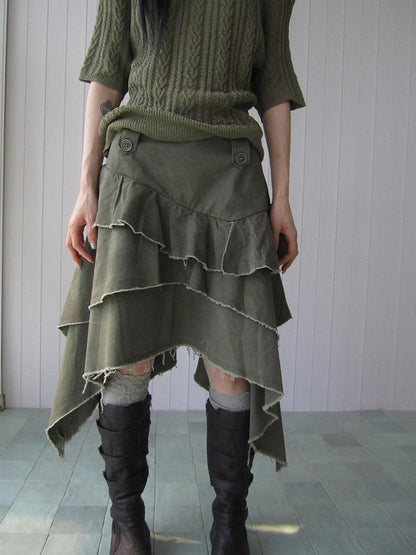 ang project Army Green Torn Edge Layered Asymmetrical High Waist Workwear Women&