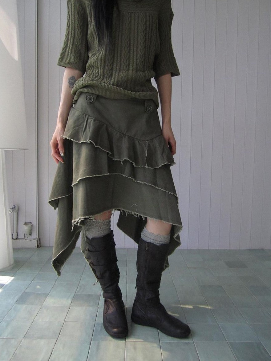 ang project Army Green Torn Edge Layered Asymmetrical High Waist Workwear Women&