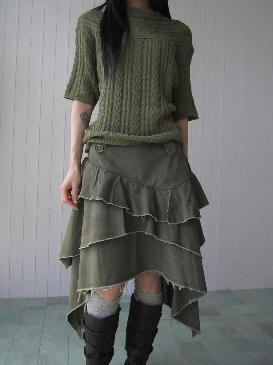 ang project Army Green Torn Edge Layered Asymmetrical High Waist Workwear Women&