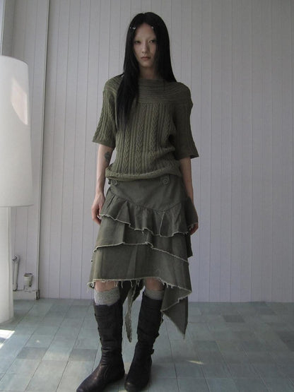 ang project Army Green Torn Edge Layered Asymmetrical High Waist Workwear Women&
