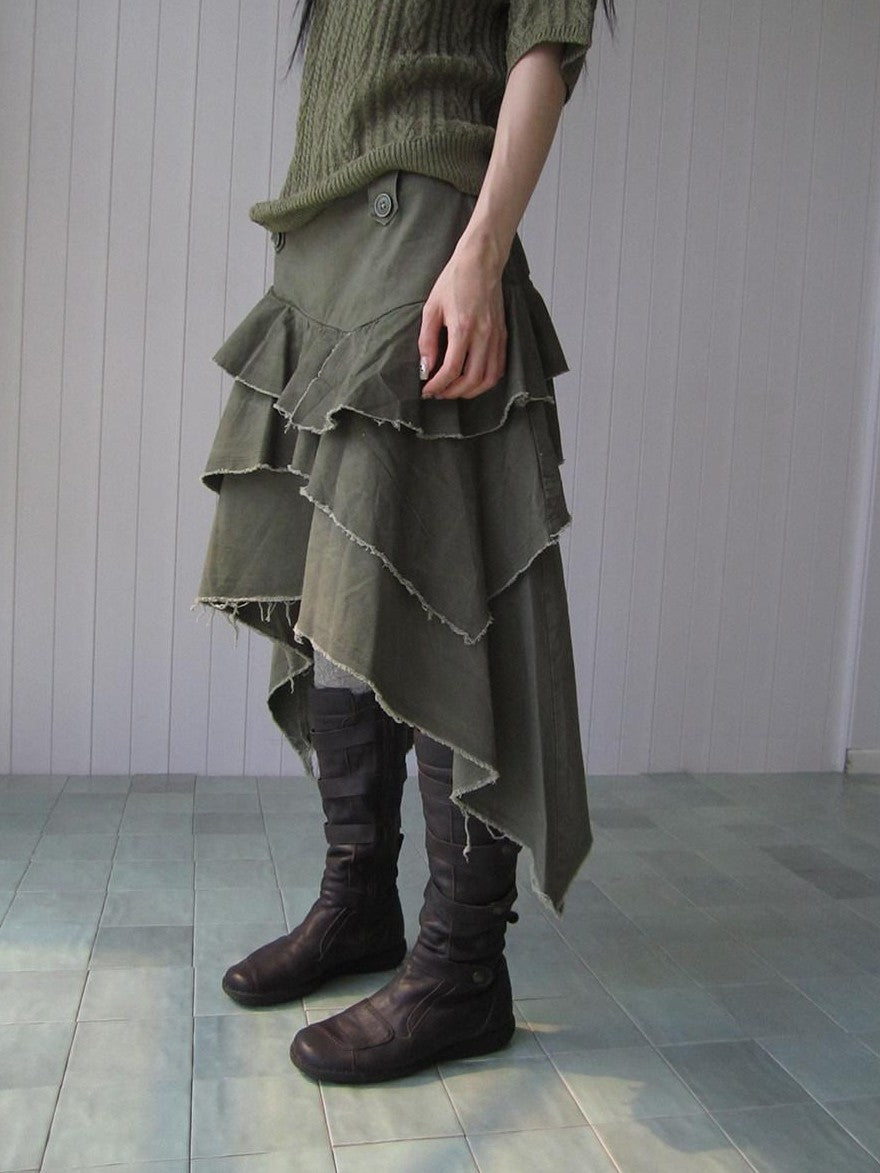 ang project Army Green Torn Edge Layered Asymmetrical High Waist Workwear Women&