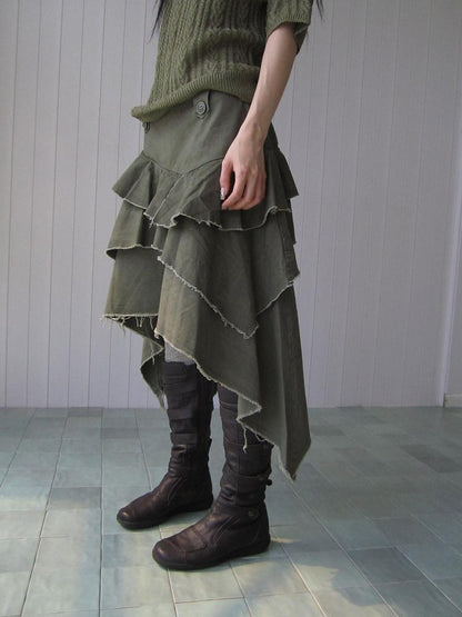 ang project Army Green Torn Edge Layered Asymmetrical High Waist Workwear Women&