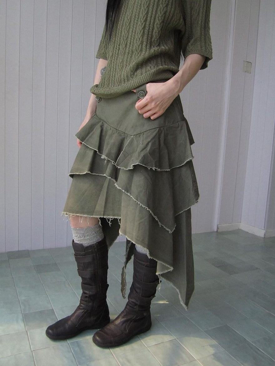 ang project Army Green Torn Edge Layered Asymmetrical High Waist Workwear Women&
