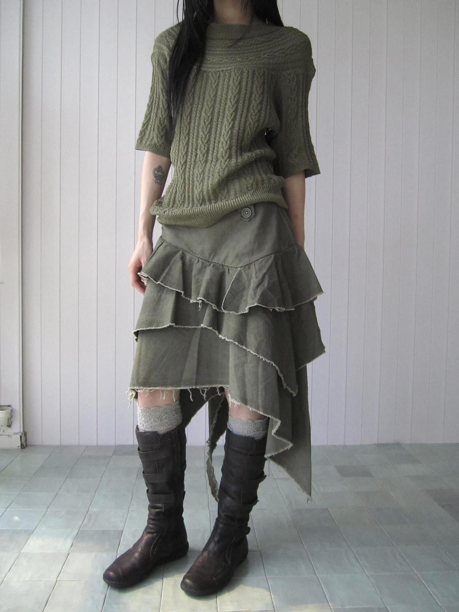 ang project Army Green Torn Edge Layered Asymmetrical High Waist Workwear Women&