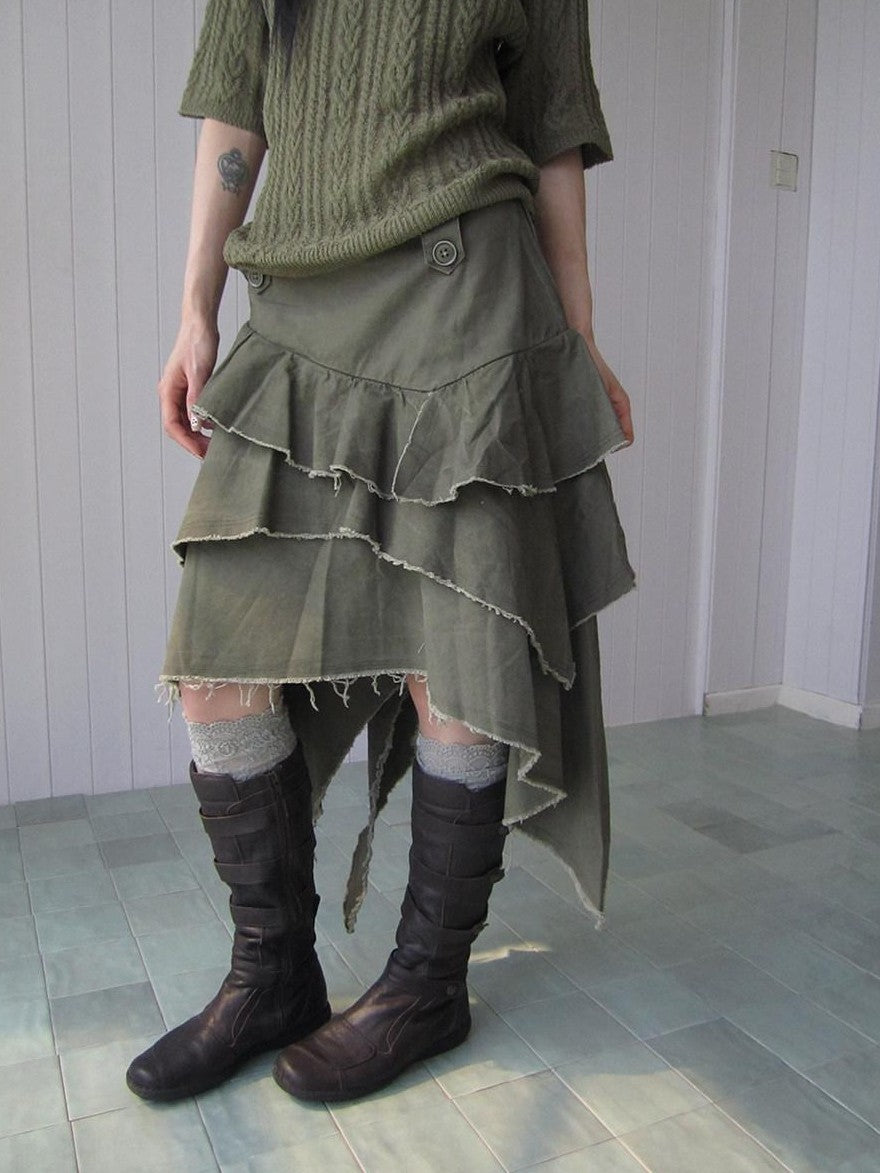 ang project Army Green Torn Edge Layered Asymmetrical High Waist Workwear Women&