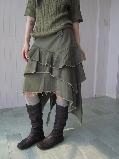 ang project Army Green Torn Edge Layered Asymmetrical High Waist Workwear Women&