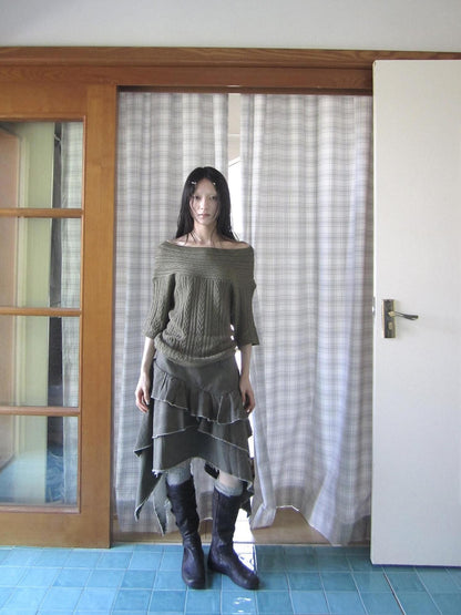 ang project Army Green Torn Edge Layered Asymmetrical High Waist Workwear Women&