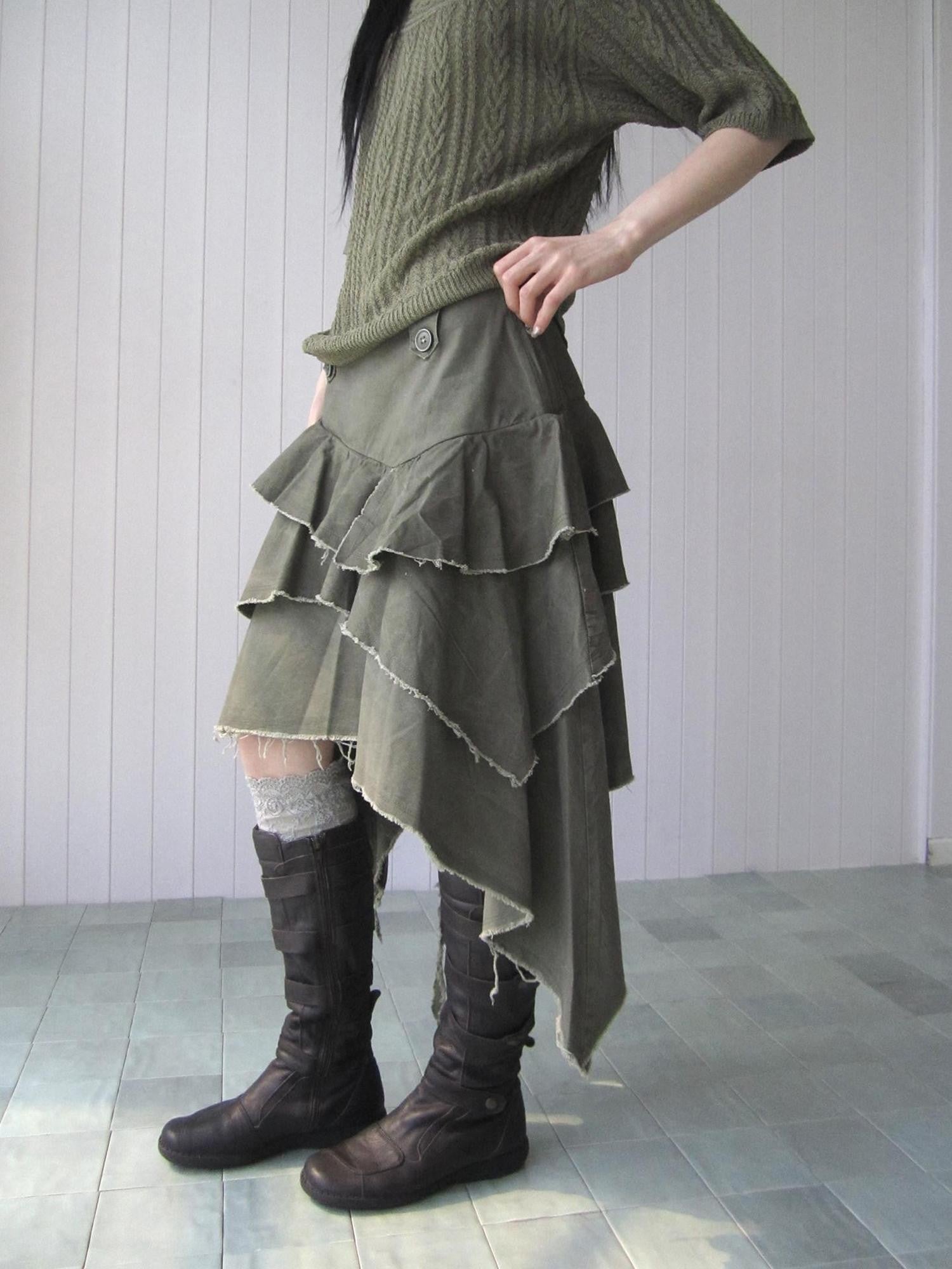 ang project Army Green Torn Edge Layered Asymmetrical High Waist Workwear Women&