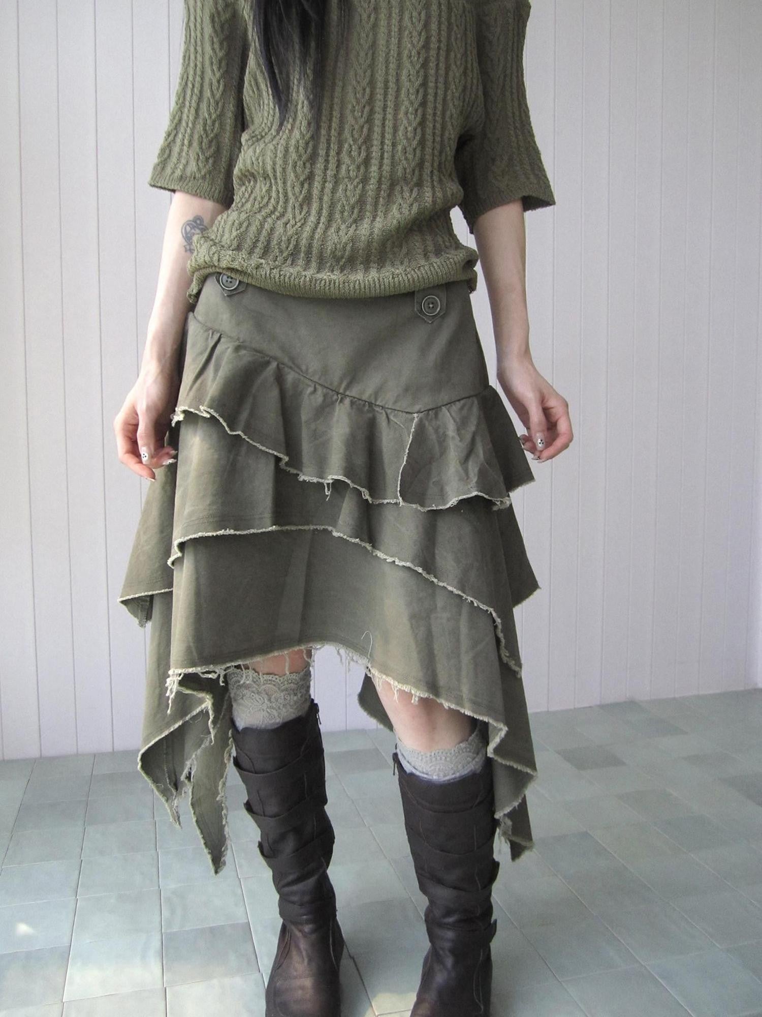 ang project Army Green Torn Edge Layered Asymmetrical High Waist Workwear Women&