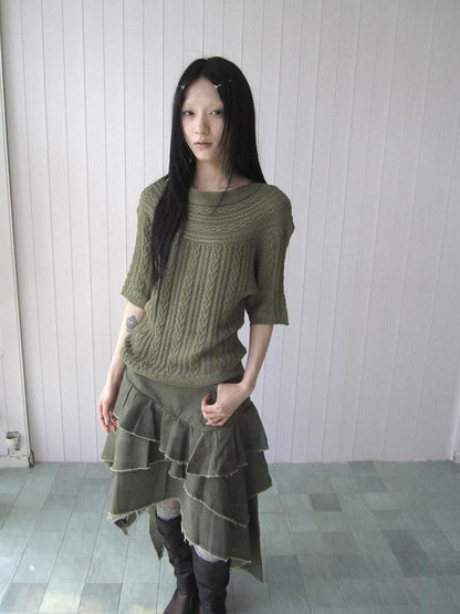 ang project Army Green Torn Edge Layered Asymmetrical High Waist Workwear Women&