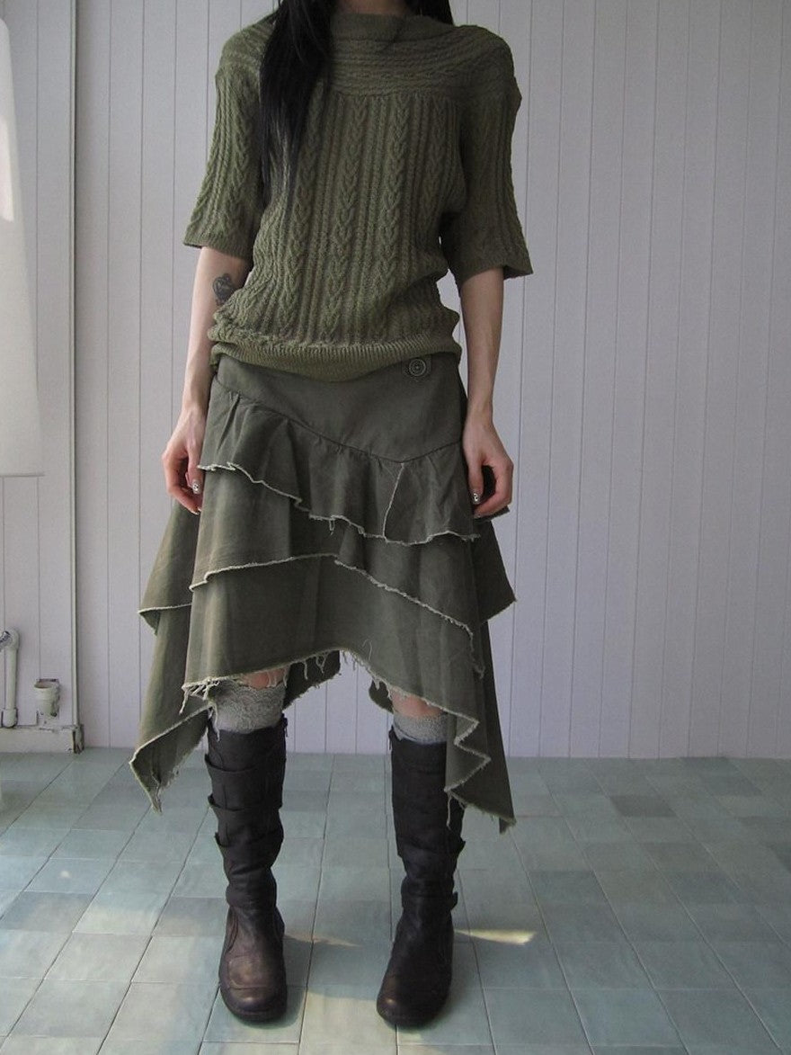 ang project Army Green Torn Edge Layered Asymmetrical High Waist Workwear Women&