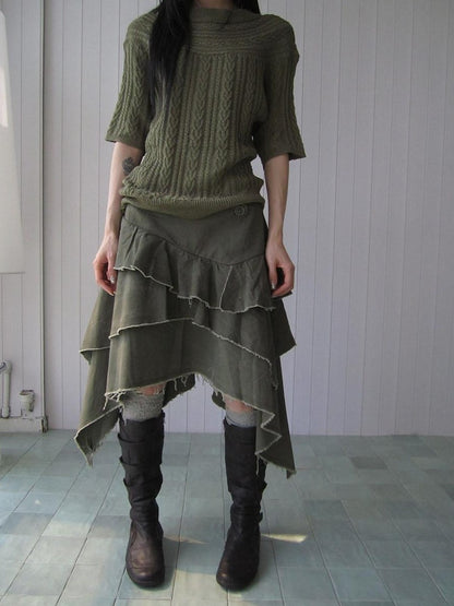ang project Army Green Torn Edge Layered Asymmetrical High Waist Workwear Women&