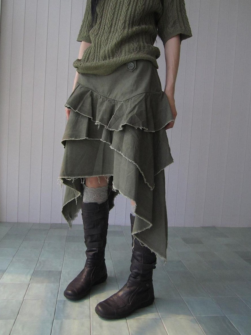 ang project Army Green Torn Edge Layered Asymmetrical High Waist Workwear Women&
